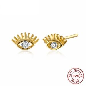 Tiny 18k Yellow Gold Plated Sterling Silver Zircon Diamond “Eye” Post Earrings!